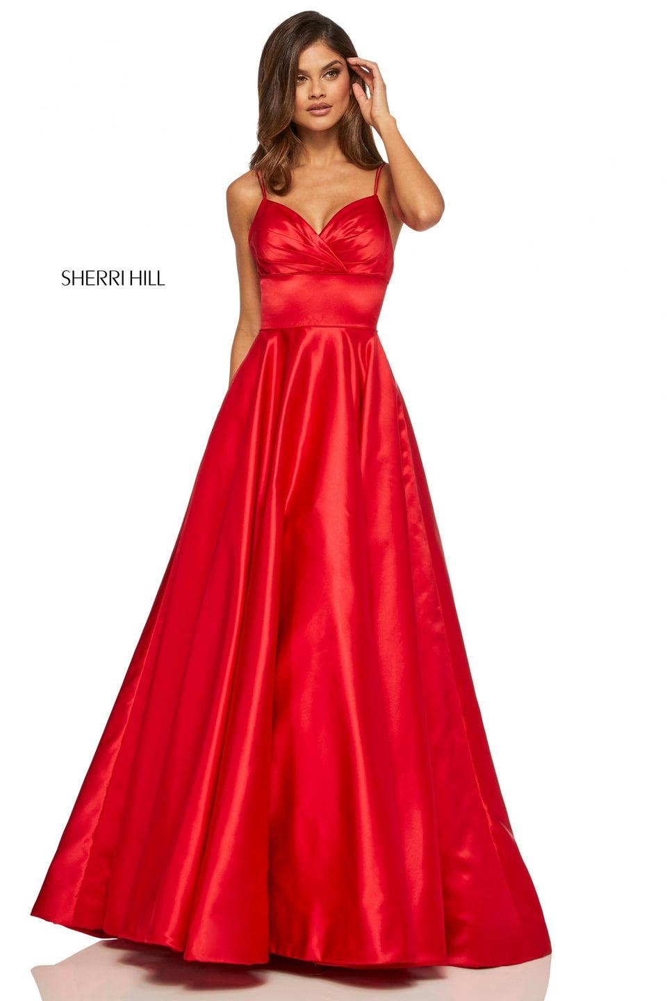 sherri hill Satin A-line with a pleated bust line bodice skirt pockets and bow in the back
