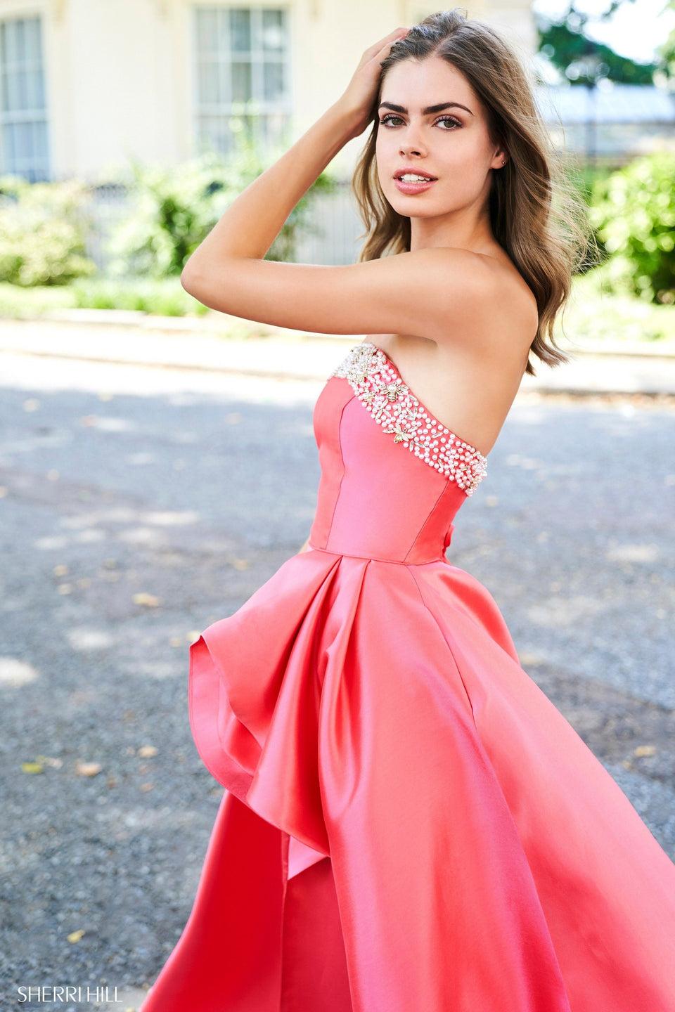 Sherri Hill Satin A-line With Beaded Strapless Neckline Corset Style Back And Ruffle Slit In Skirt