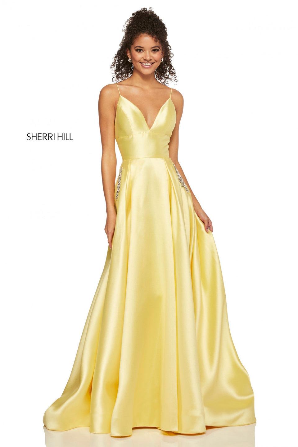 Sherri Hill Satin A-line With Deep-V Neckline Spaghetti Straps And Jewel Encrusted Pockets