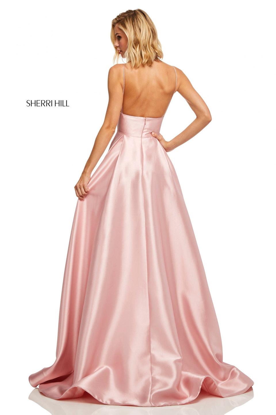 Sherri Hill Satin A-line With Deep-V Neckline Spaghetti Straps And Jewel Encrusted Pockets