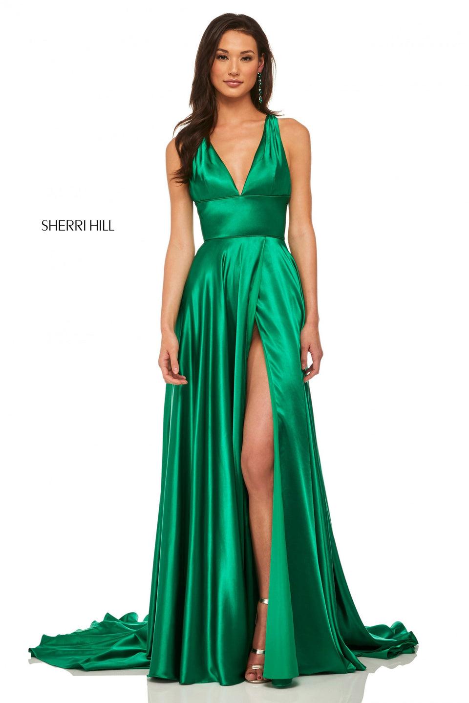 Sherri Hill Satin A-line With Skirt Slit Deep-V Neckline Pleated Straps And Criss-cross Back