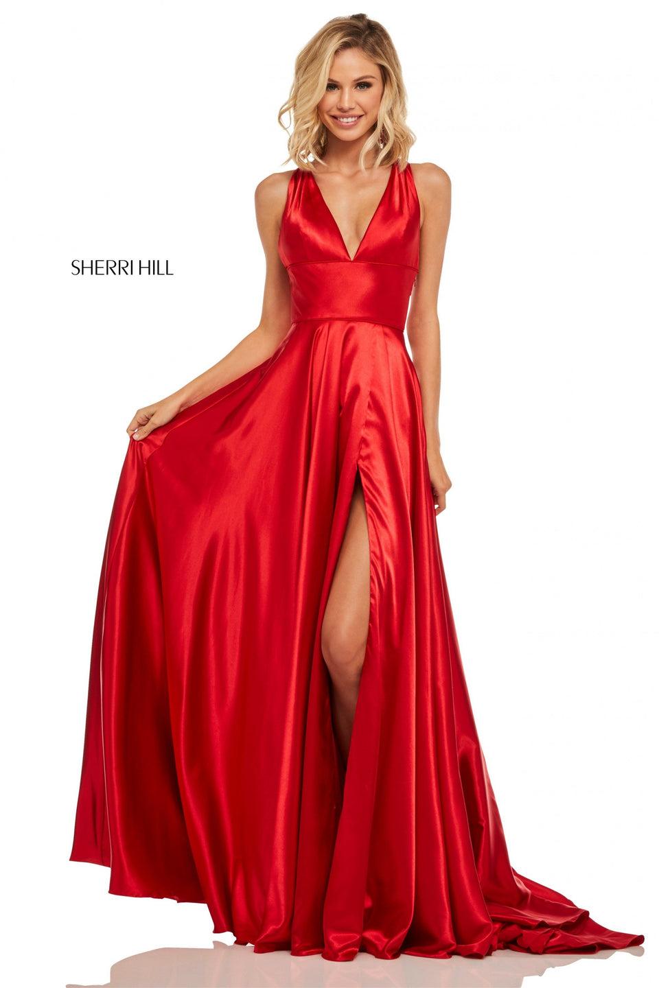 Sherri Hill Satin A-line With Skirt Slit Deep-V Neckline Pleated Straps And Criss-cross Back