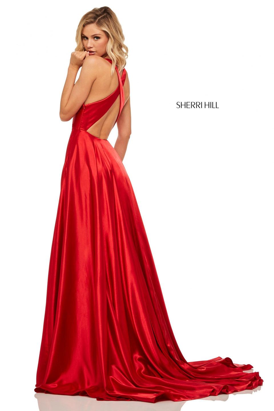 sherri hill Satin A-line with skirt slit deep-V neckline pleated straps and criss-cross back