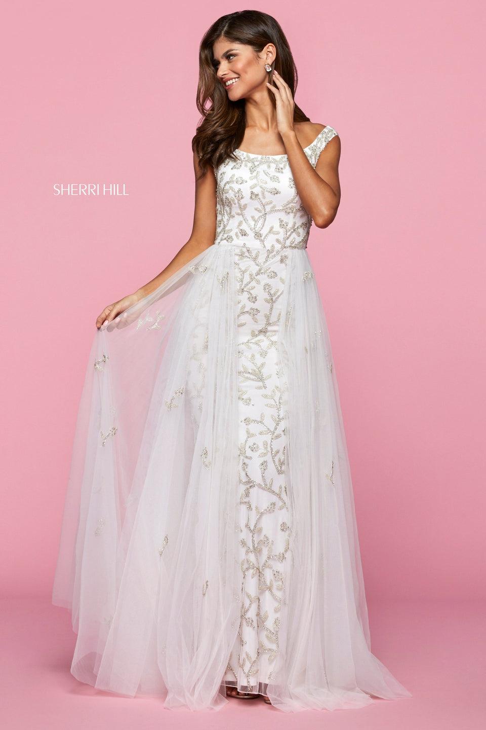 Sherri Hill Satin And Tulle Gown With Branch And Flower Pattern Beading Off-the-shoulder Neckline And Tulle Overskirt With Appliques