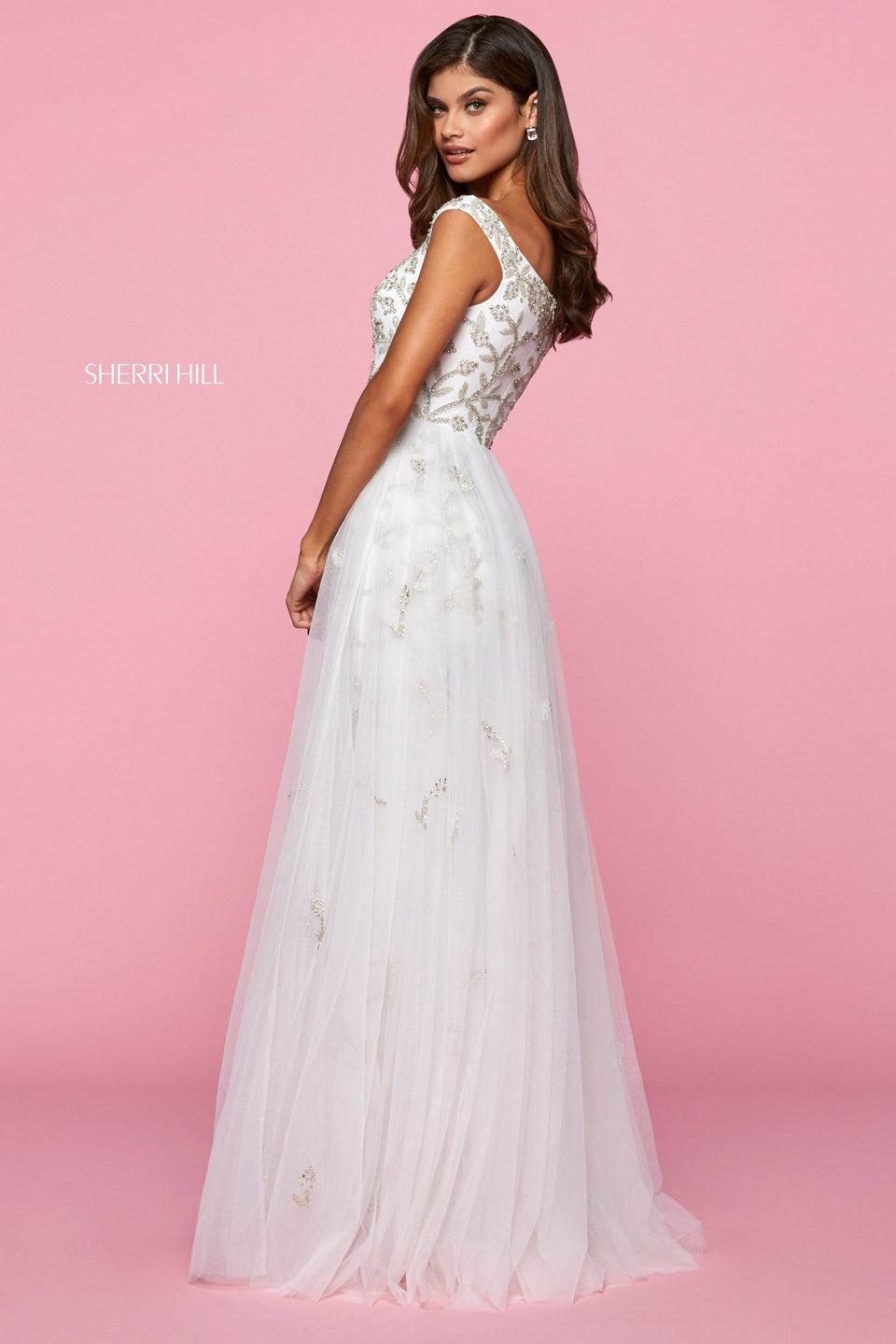 Sherri Hill Satin And Tulle Gown With Branch And Flower Pattern Beading Off-the-shoulder Neckline And Tulle Overskirt With Appliques