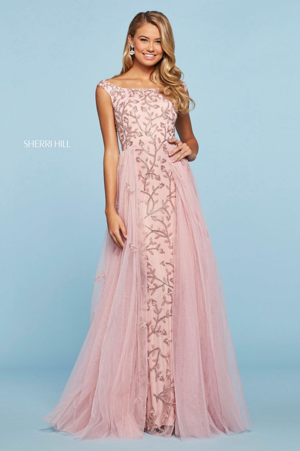 sherri hill Satin and tulle gown with branch and flower pattern beading off-the-shoulder neckline and tulle overskirt with appliques