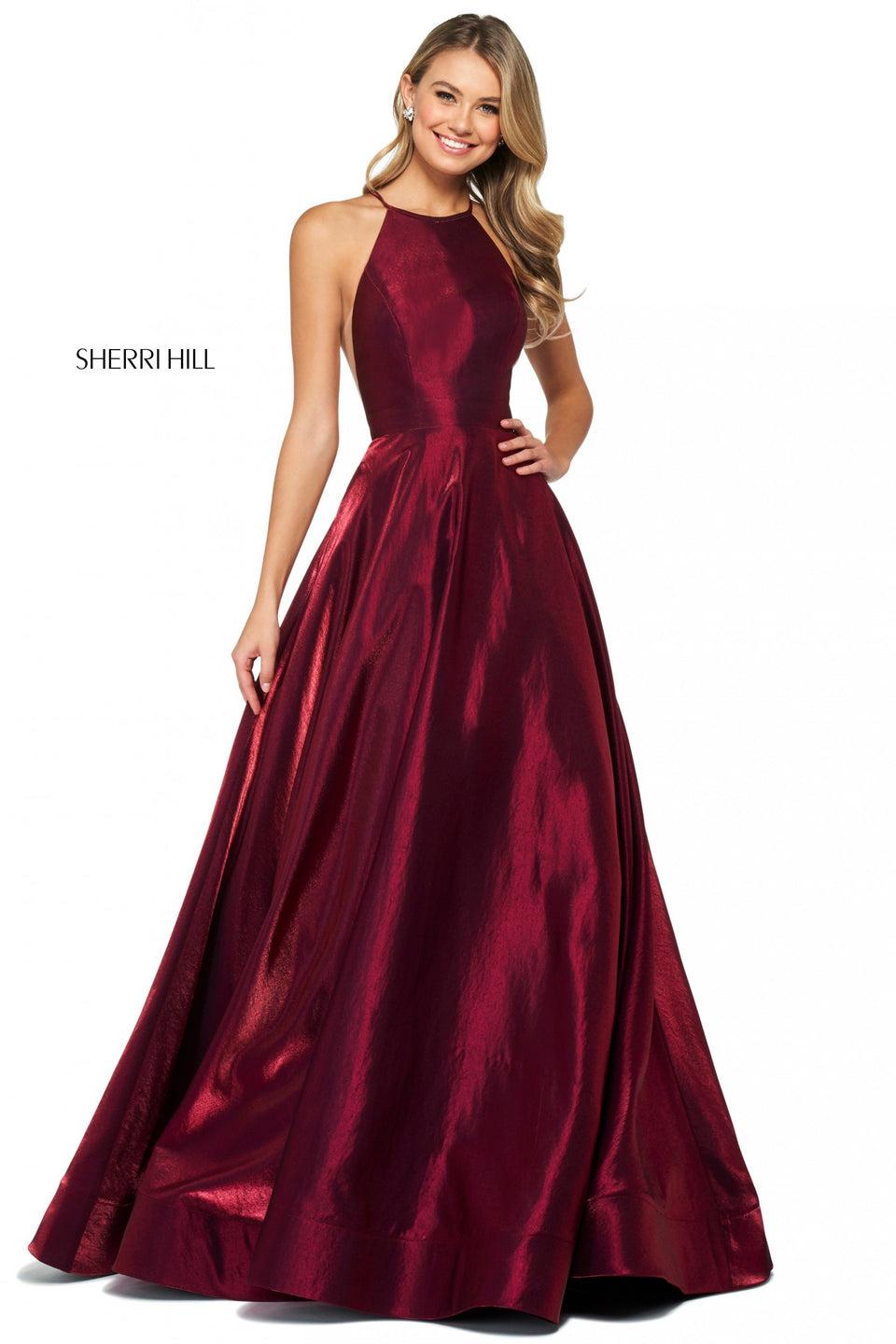 sherri hill Satin back shimmer A-line dress with high cut halter style neckline