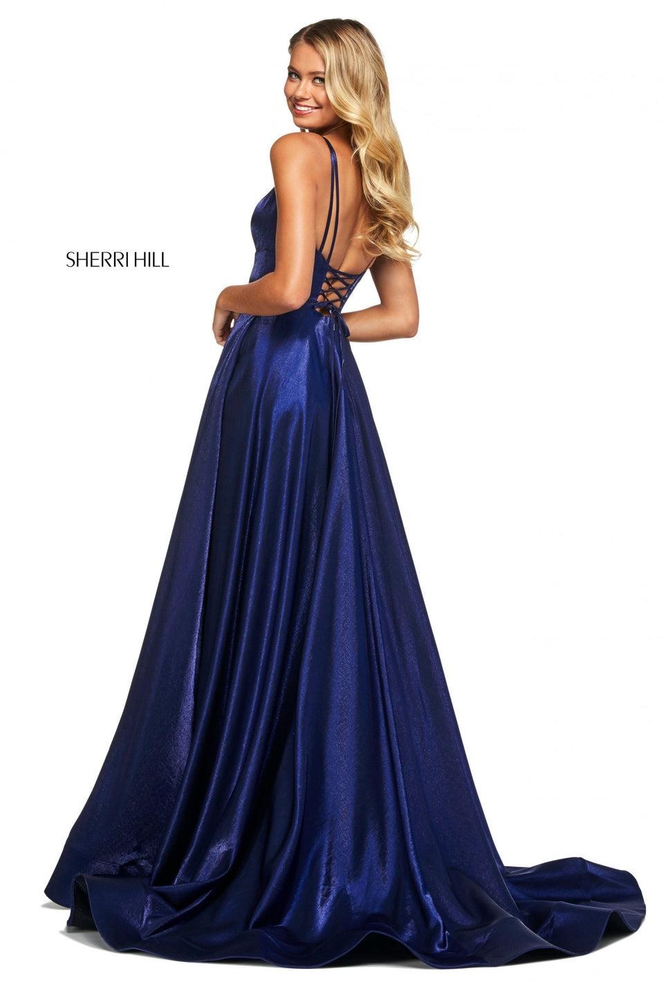 Sherri Hill Satin Back Shimmer A-line With Deep Sweetheart Neckline Corset Style Lace Up Back And Skirt Slit