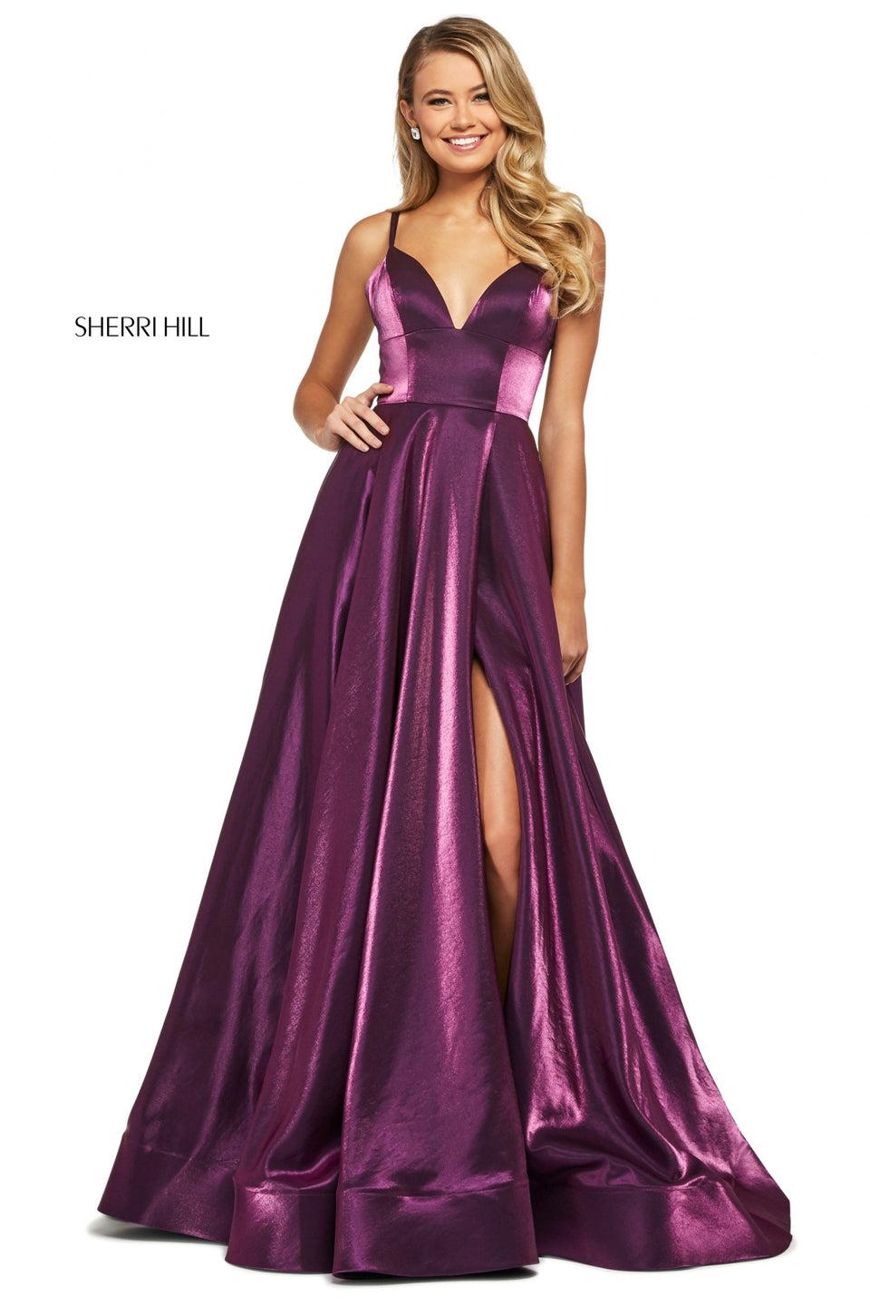 sherri hill Satin back shimmer A-line with deep sweetheart neckline corset style lace up back and skirt slit