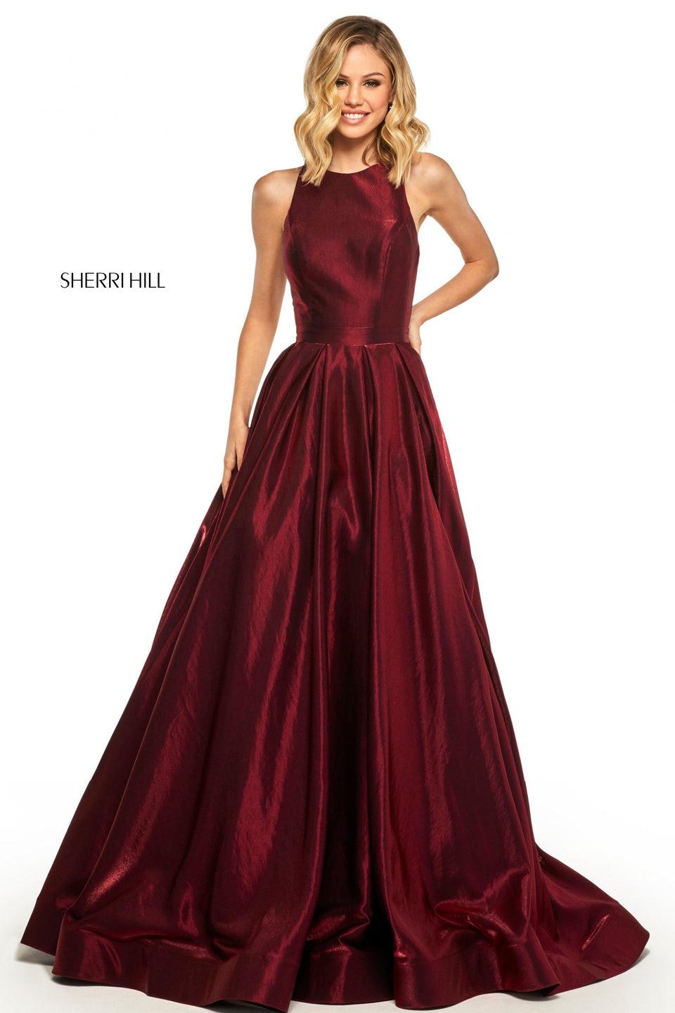 Sherri Hill Satin Back Shimmer Ball Gown With High Neckline And Open Back