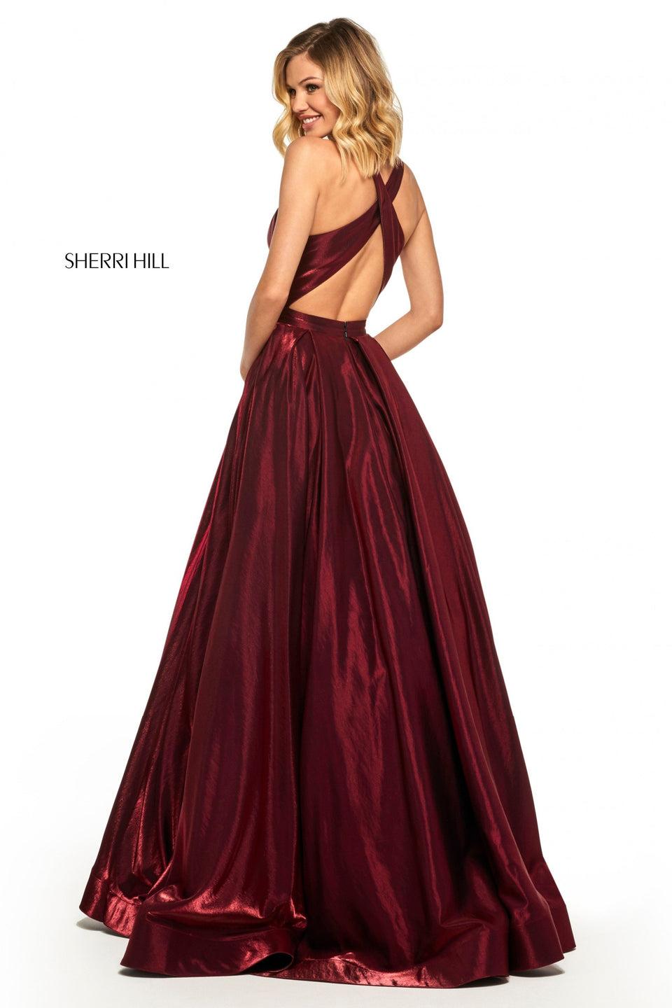 Sherri Hill Satin Back Shimmer Ball Gown With High Neckline And Open Back
