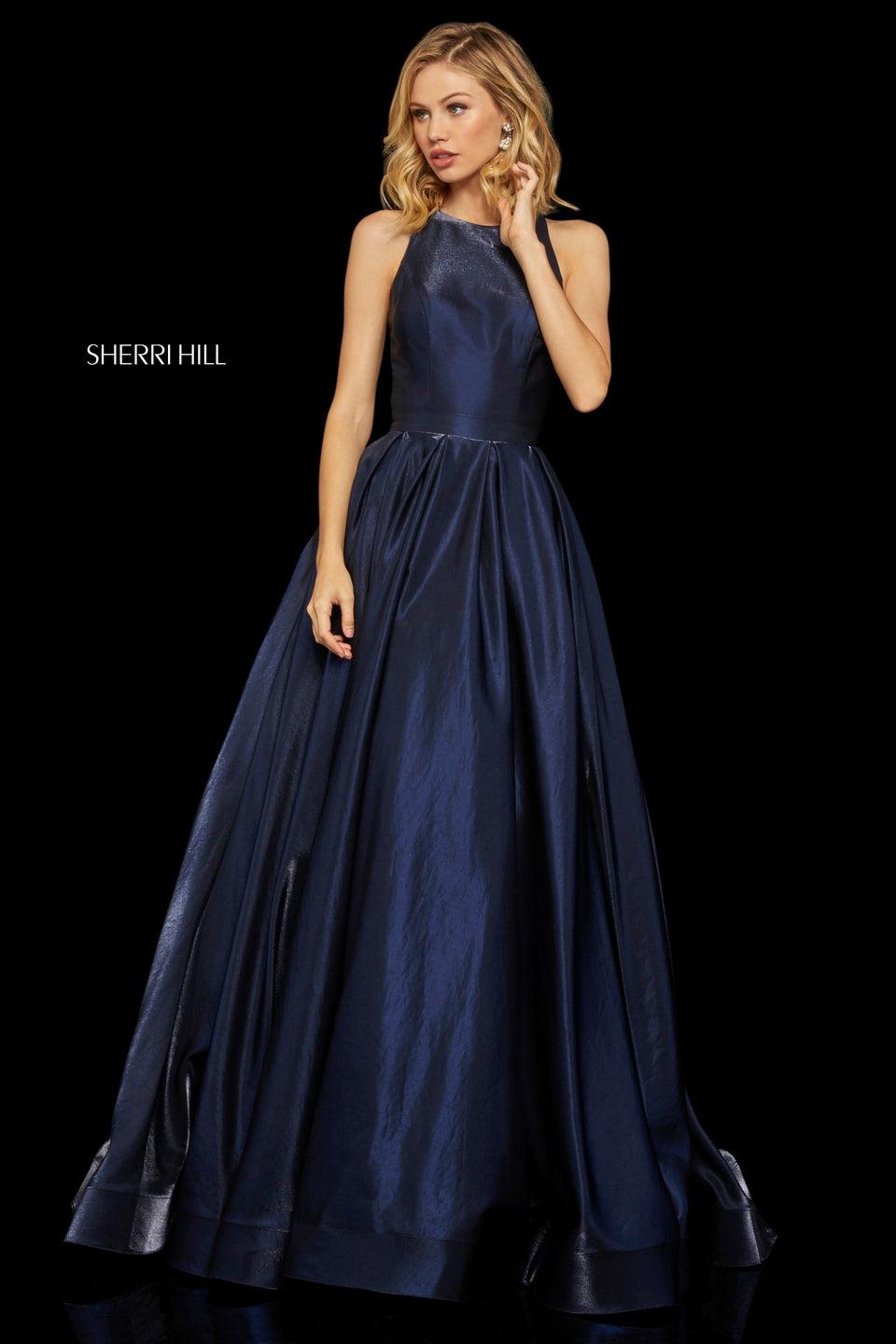 Sherri Hill Satin Back Shimmer Ball Gown With High Neckline And Open Back