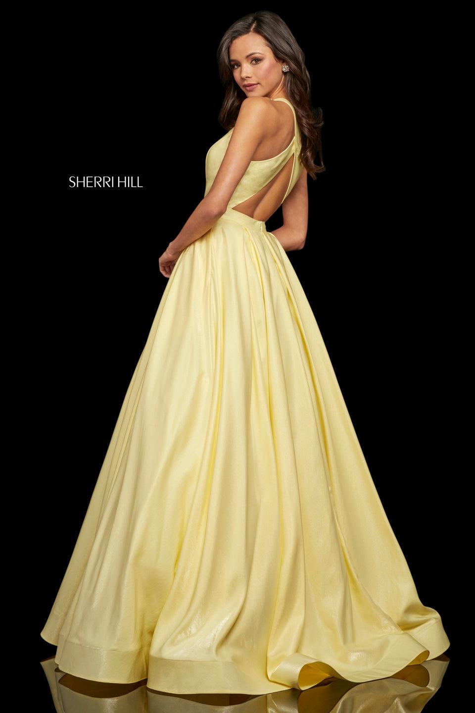 sherri hill Satin back shimmer ball gown with high neckline and open back