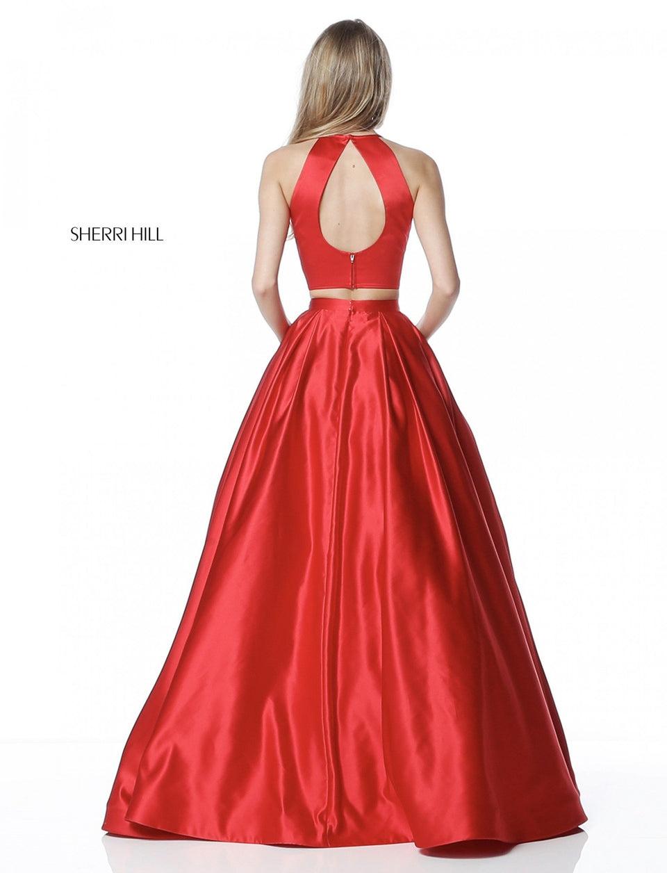 Sherri Hill Satin Ball Gown Two Piece With Beaded Pocket Details