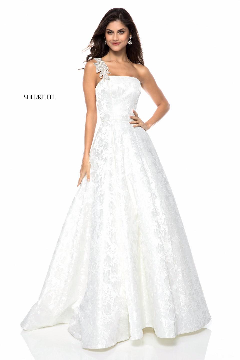sherri hill Satin ball gown with bead appliqued shoulder strap