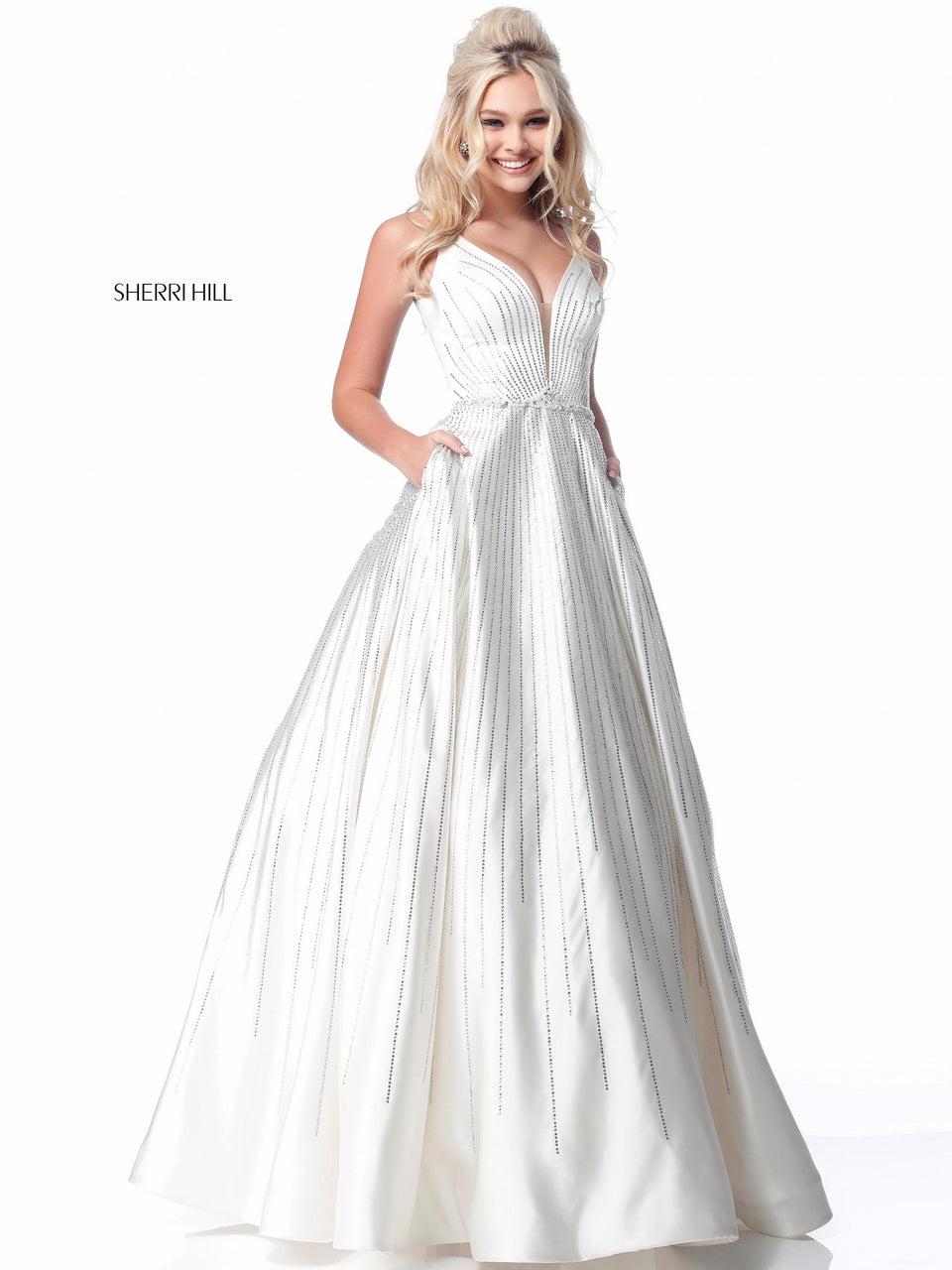 Sherri Hill Satin Ball Gown With Deep V Bodice And Bead Detail