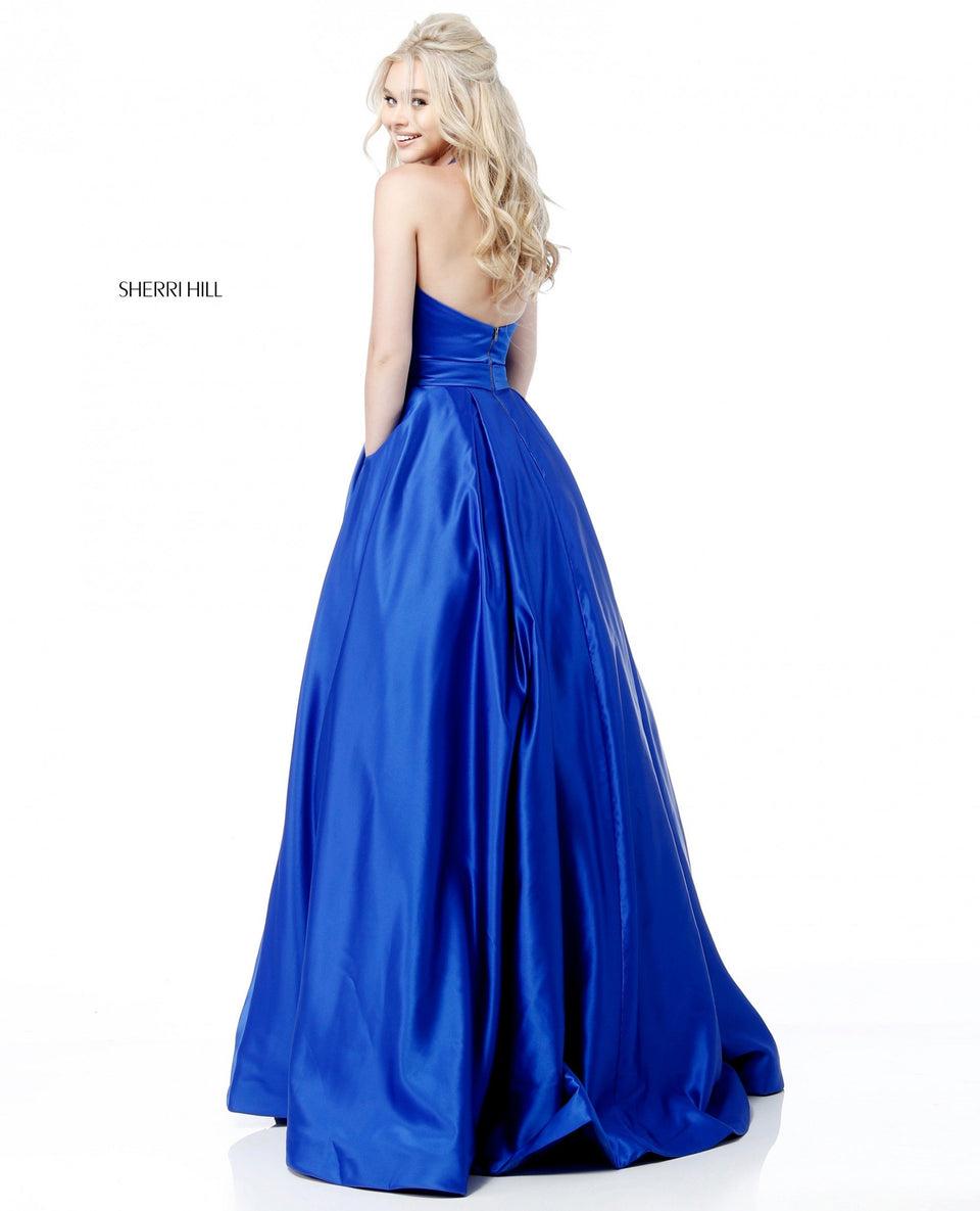 Sherri Hill Satin Ball Gown With Deep V Halter Bodice And Bead Encrusted Belt
