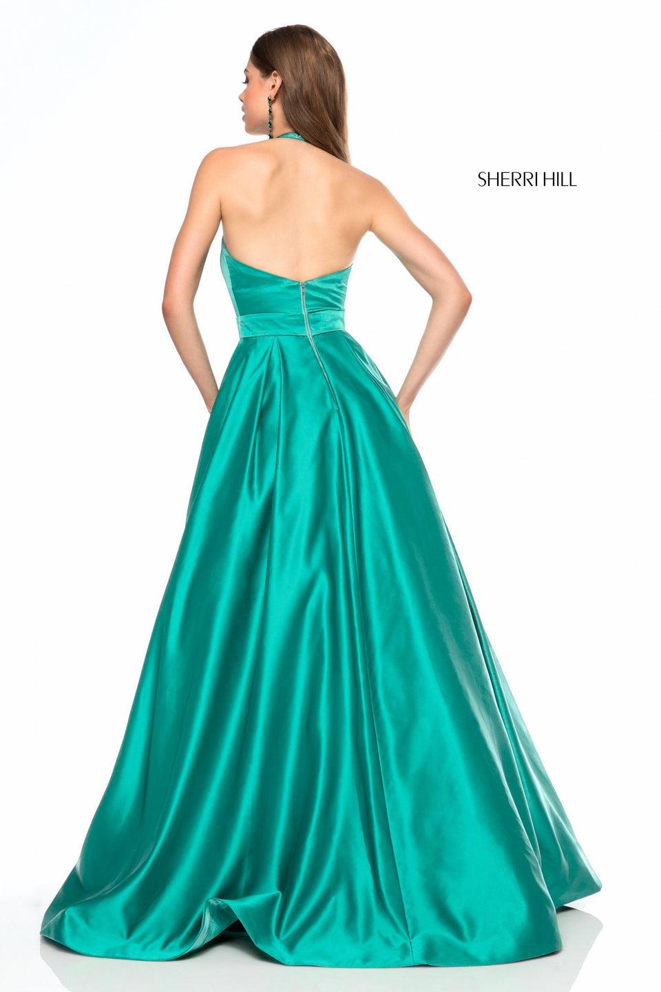 Sherri Hill Satin Ball Gown With Deep V Halter Bodice And Bead Encrusted Belt