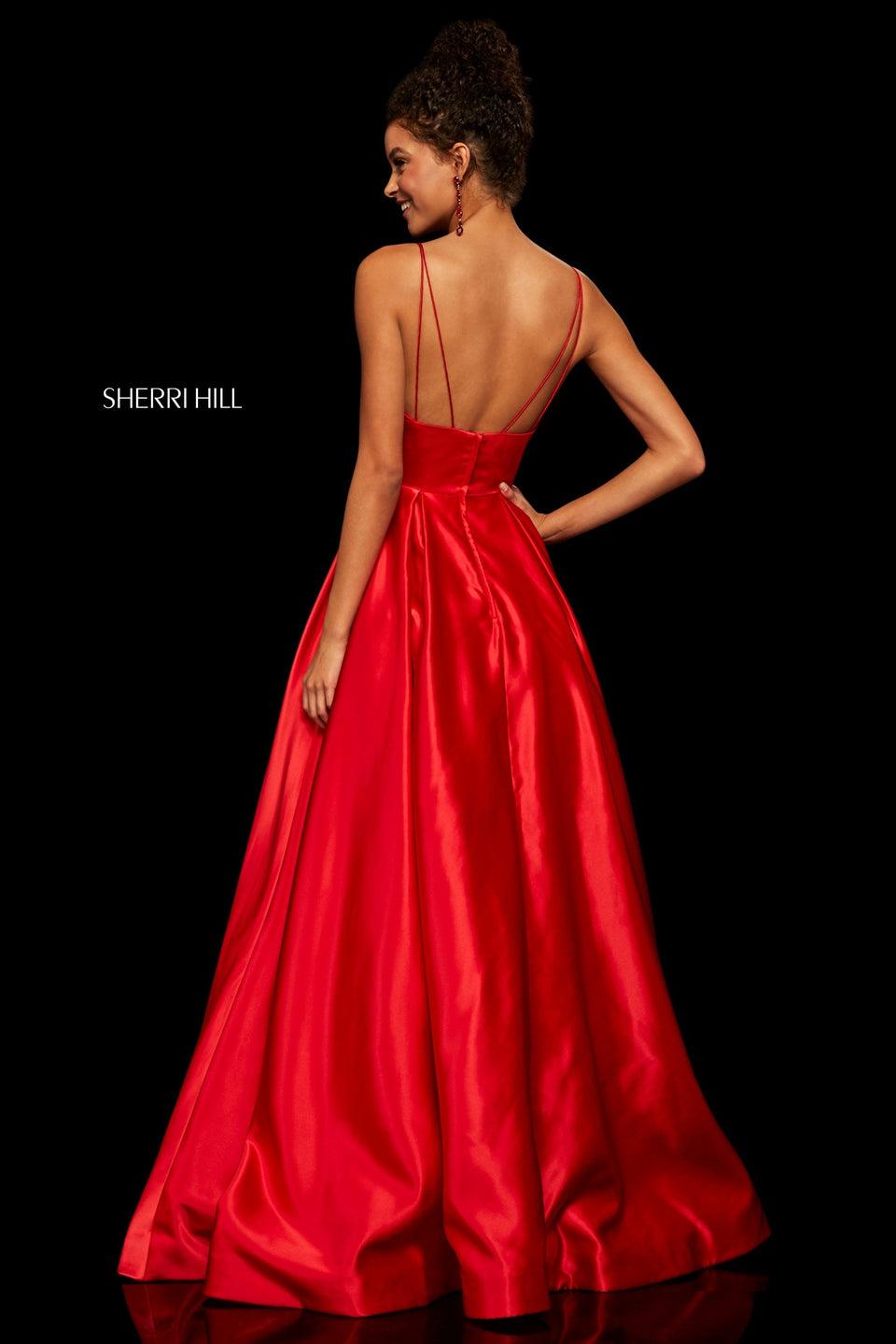 Sherri Hill Satin Ball Gown With Deep-V Neckline And Beaded Bow Shape Pocket Detailing