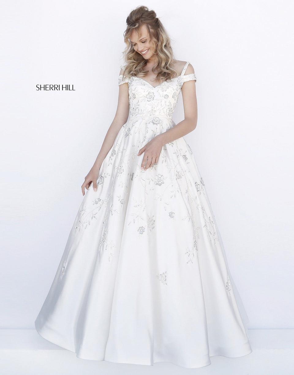sherri hill Satin ball gown with flower appliques and off-the-shoulder straps