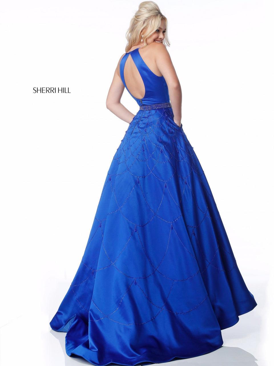 Sherri Hill Satin Ball Gown With Open Back And Beaded Detail On Skirt