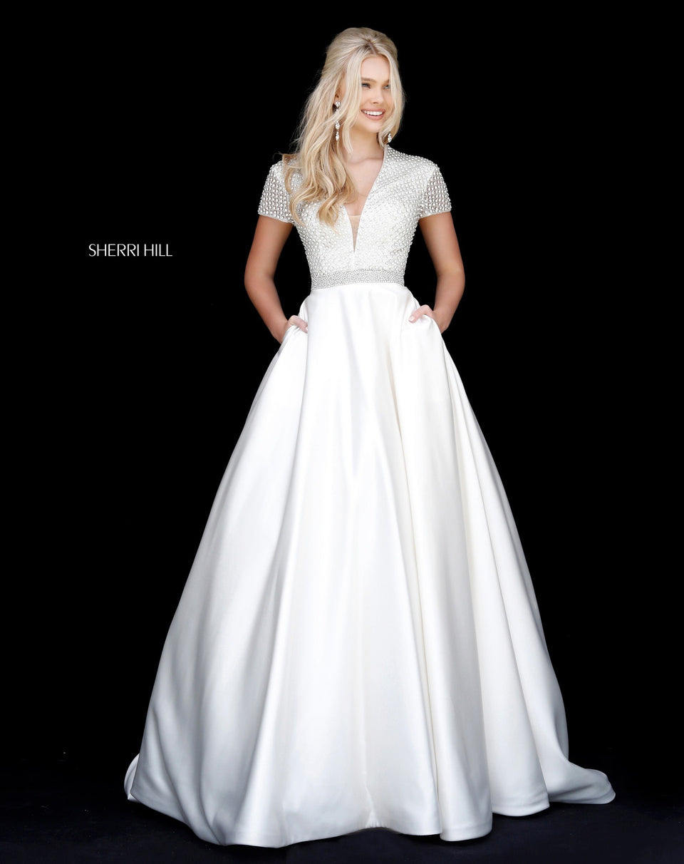 Sherri Hill Satin Ball Gown With Open Back And Beaded Detail On Skirt