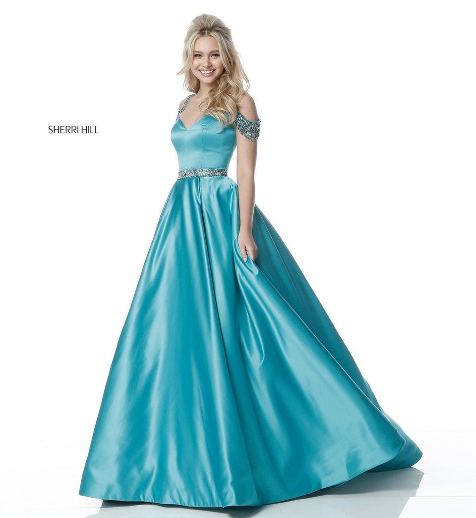 Sherri Hill Satin Ball Gown With Sweetheart Bodice Beaded Belt And Off-the-shoulder Straps