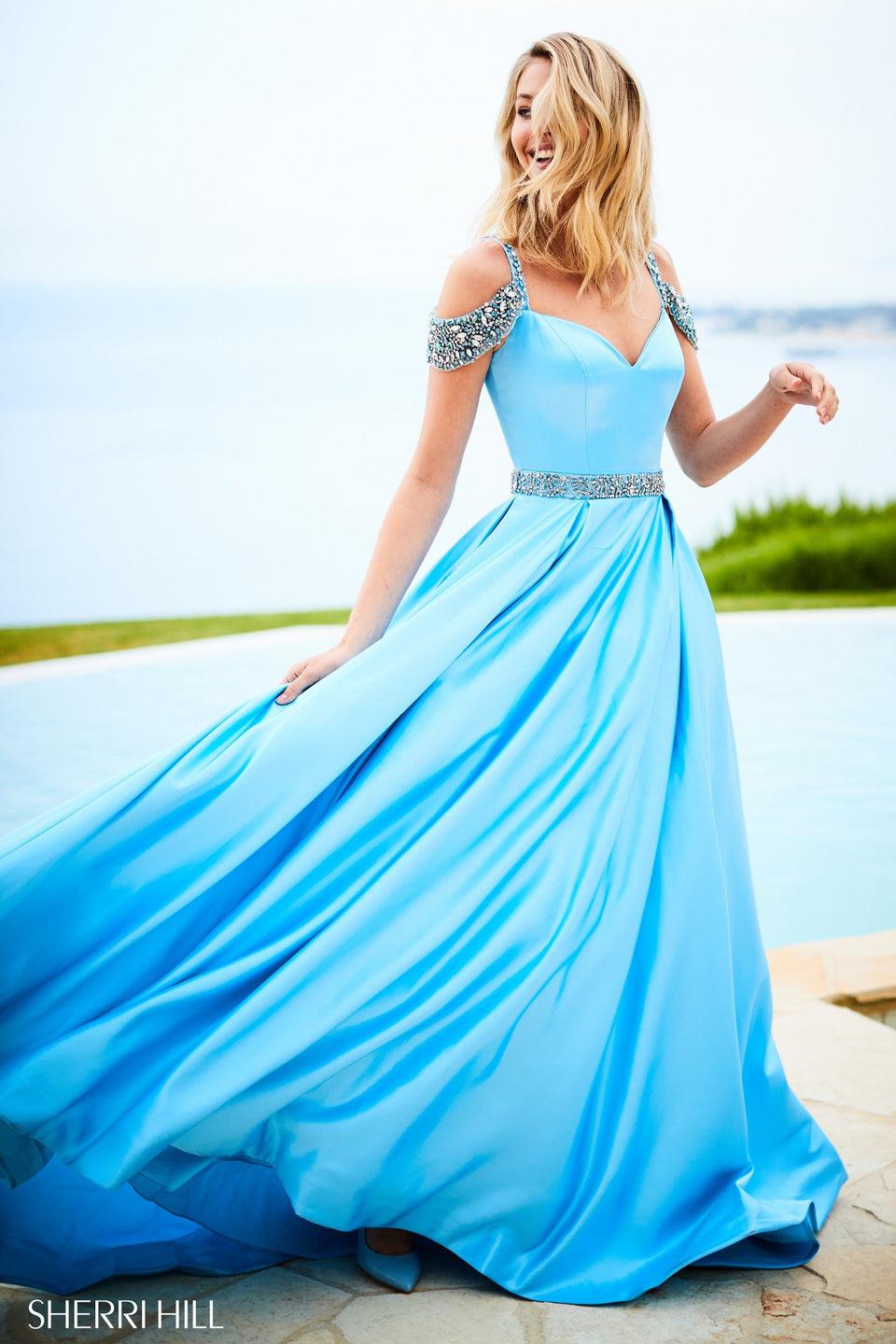 sherri hill Satin ball gown with sweetheart bodice beaded belt and off-the-shoulder straps