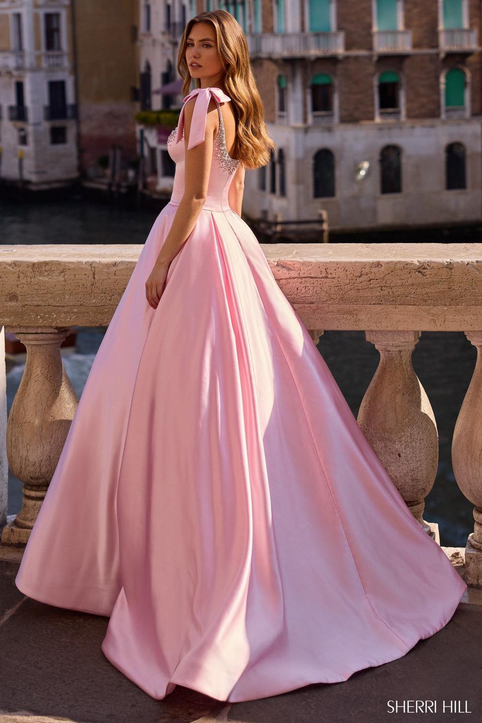 Sherri Hill Satin Ballgown With Bead Embellishments And Bows