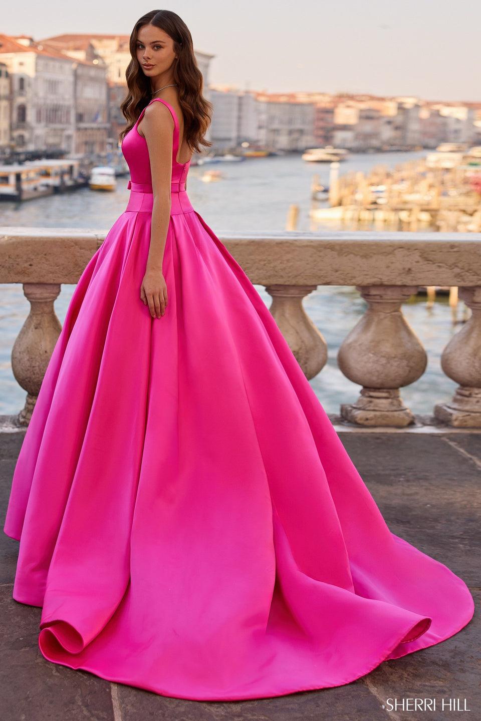 Sherri Hill Satin Ballgown With Drop-waist Gown With Bow Embellishment