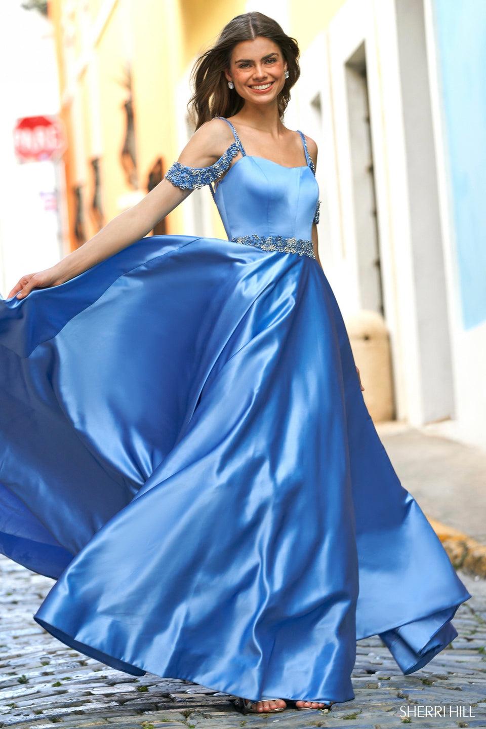 sherri hill Satin ballgown with Swarovski crystal artwork on off the shoulder drapes and fitted waistband