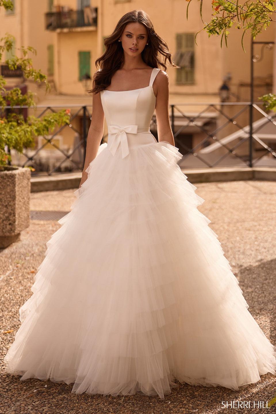 Sherri Hill Satin Bodice Ball Gown With Tulle Ruffle Skirt