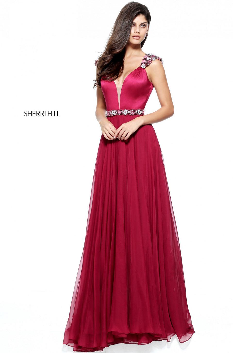 Sherri Hill Satin Bodice With Flower Appliqued Cap Sleeves And Deep V Neckline With Chiffon Skirt