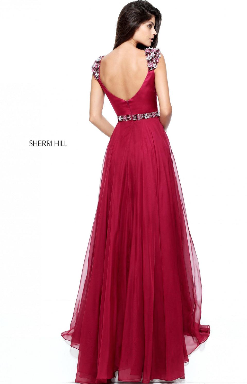 Sherri Hill Satin Bodice With Flower Appliqued Cap Sleeves And Deep V Neckline With Chiffon Skirt