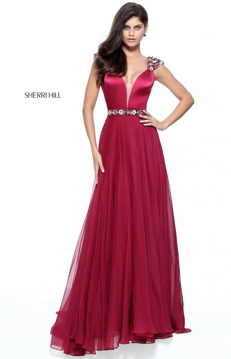 sherri hill Satin bodice with flower appliqued cap sleeves and deep V neckline with chiffon skirt