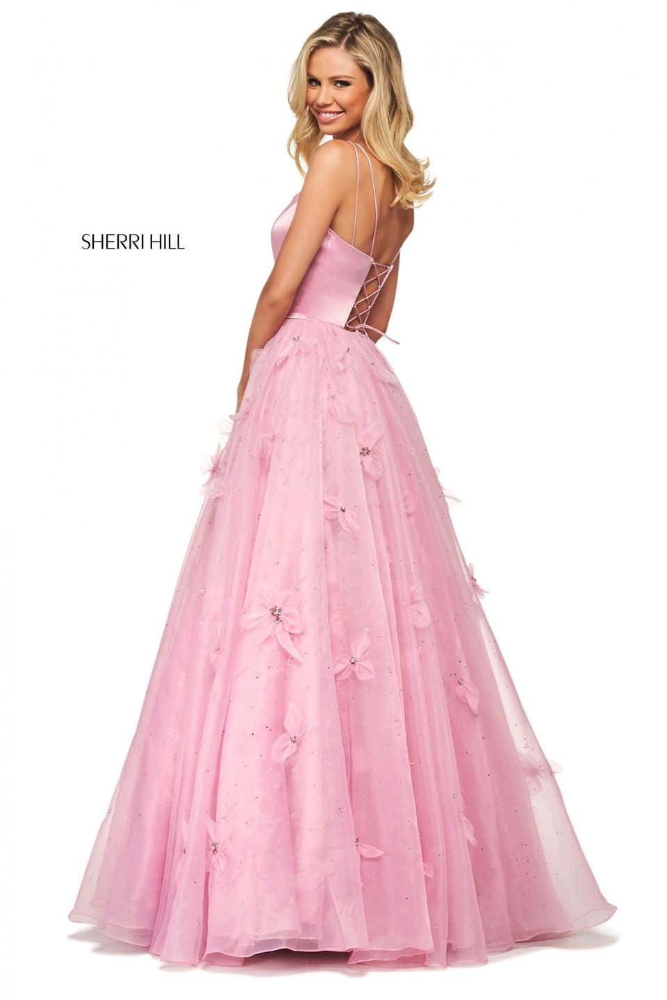 Sherri Hill Satin Bodice With Spaghetti Straps And Corset Style Lace Up Back With Beaded Organza A-line Skirt With Flower Appliques