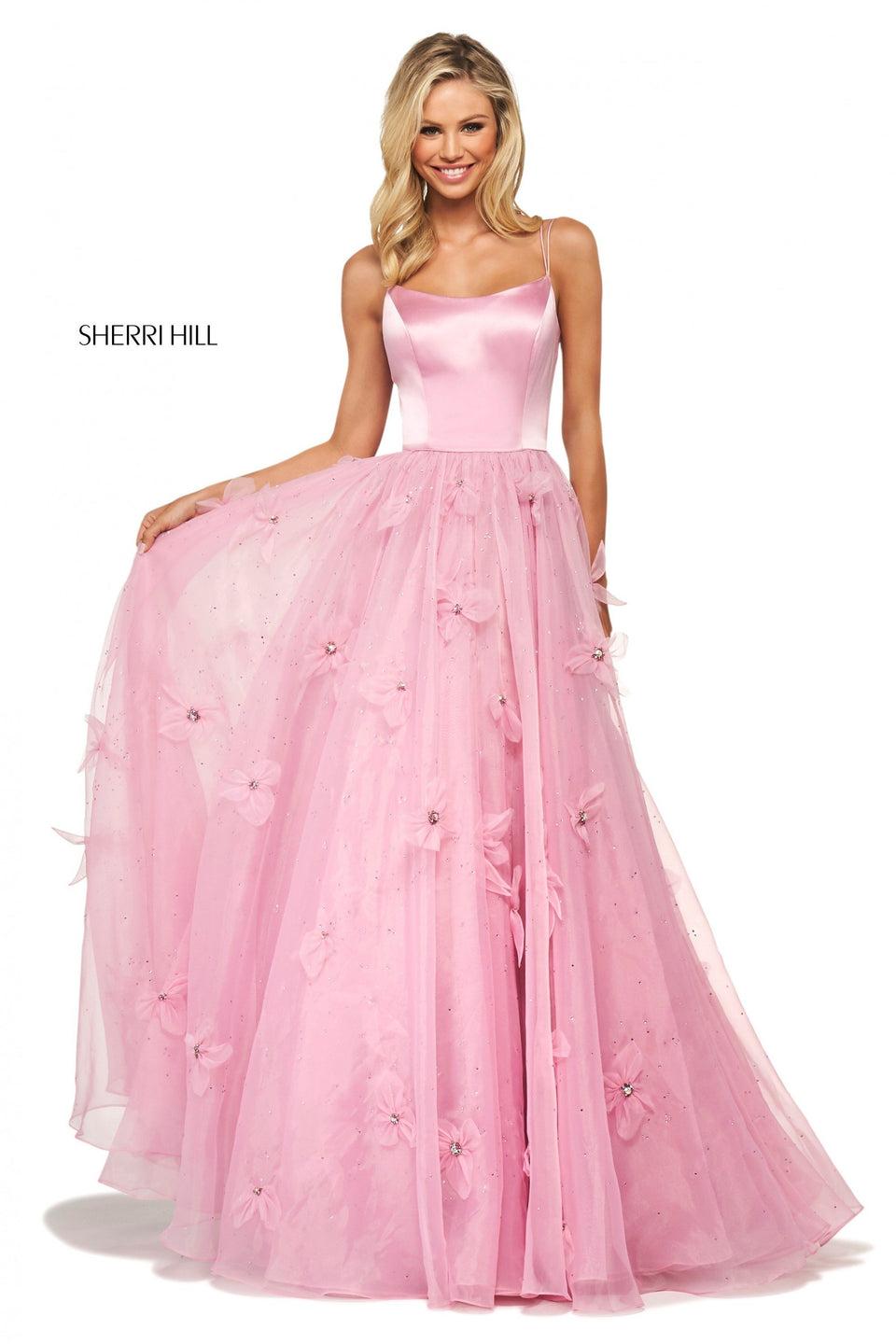 sherri hill Satin bodice with spaghetti straps and corset style lace up back with beaded organza A-line skirt with flower appliques