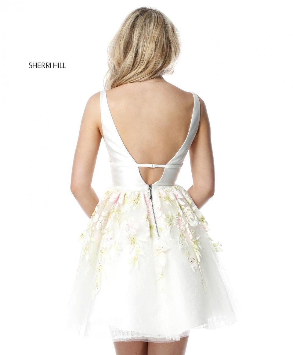 Sherri Hill Satin Deep V Bodice With Flower Appliqued A-line Skirt