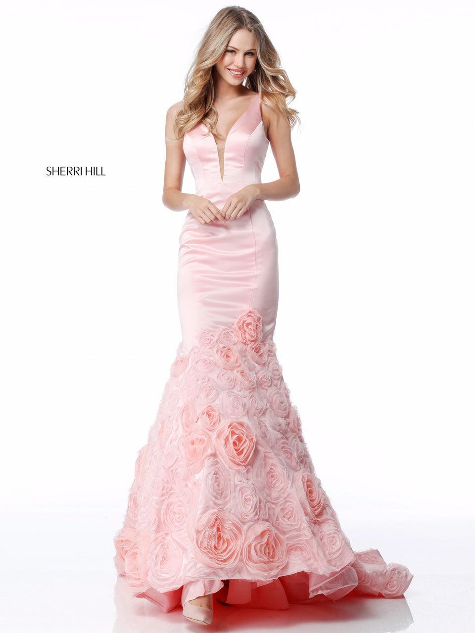 sherri hill Satin deep V bodice with rose appliqued mermaid skirt