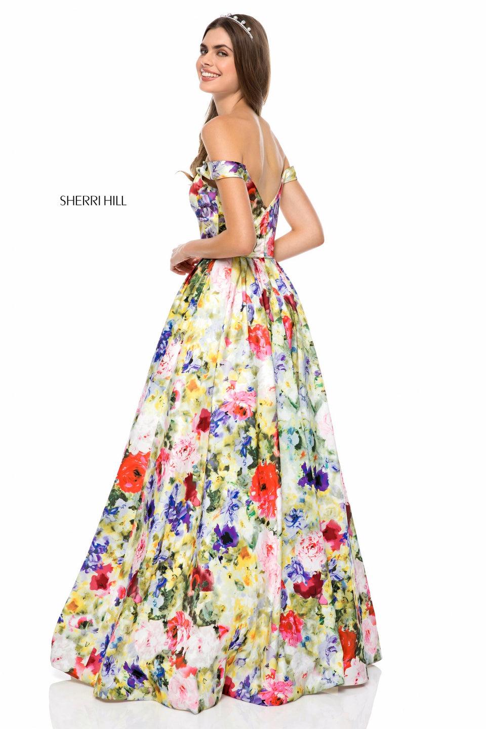 Sherri Hill Satin Floral Print A-line With Sweetheart Bodice And Off Shoulder Straps