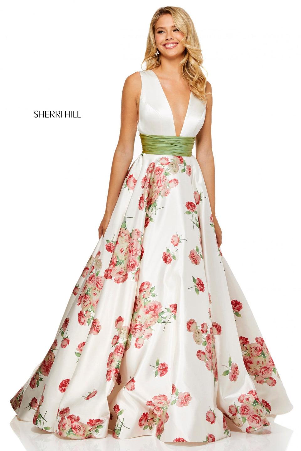 Sherri Hill Satin Floral Print Ball Gown With Plunging Neckline And Back With A Ruched Waistband