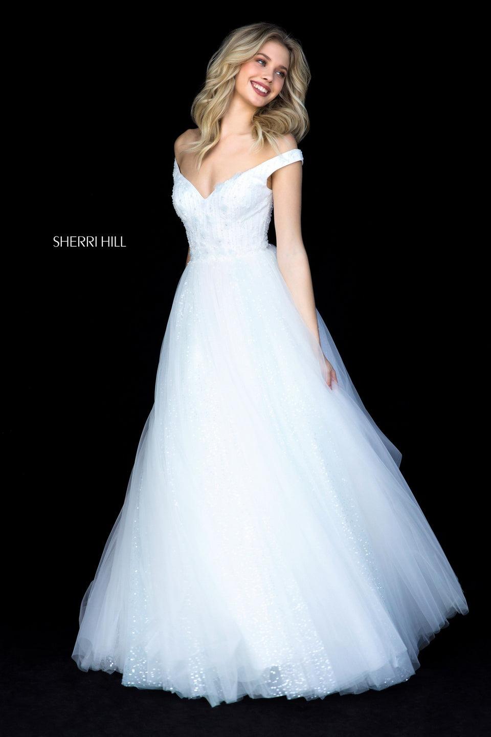 Sherri Hill Satin Flower Appliqued Bodice With Off Shoulder Straps And Tulle Ball Gown Skirt