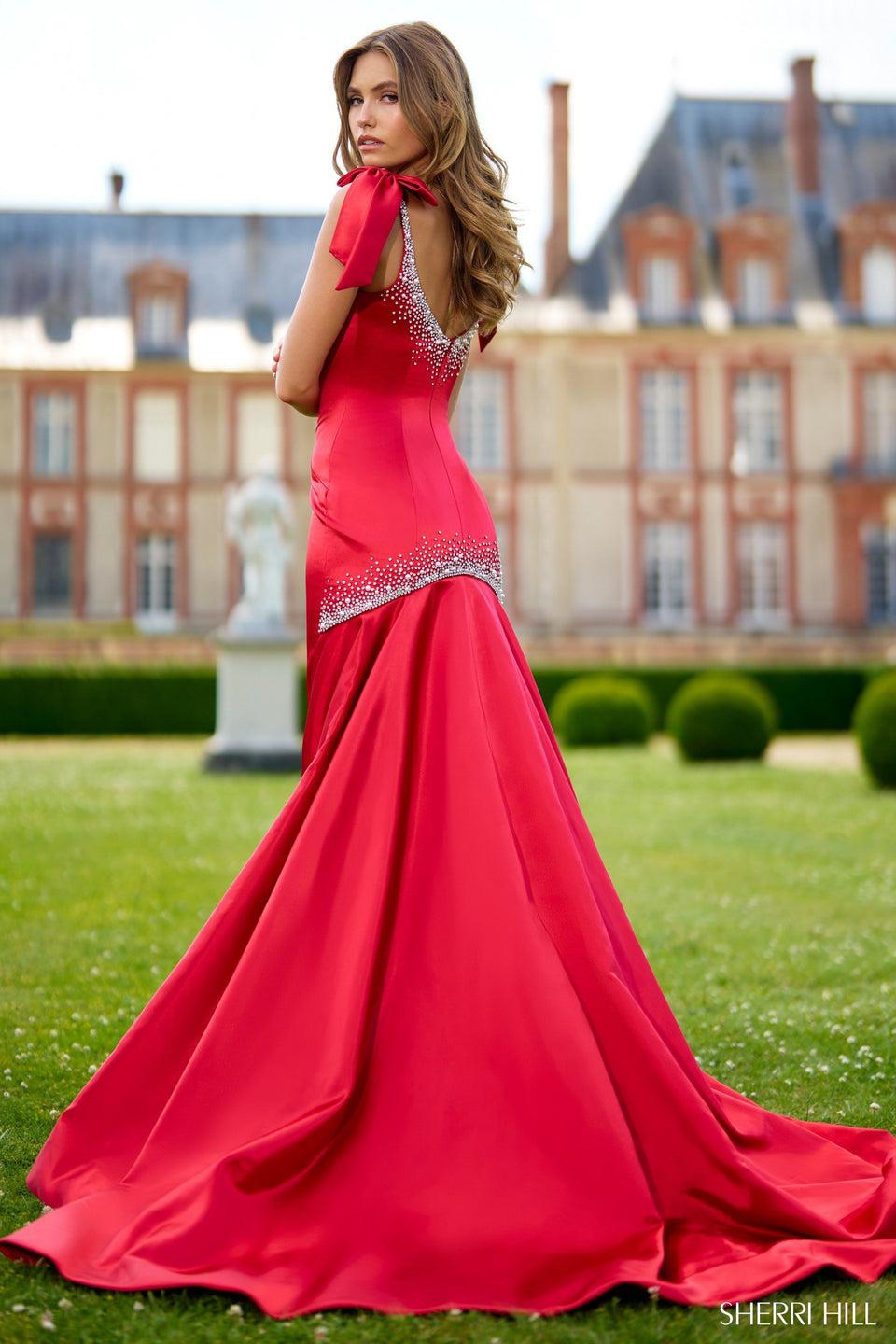 Sherri Hill Satin Gown With Bead Embellishments And Bows On Sleeve