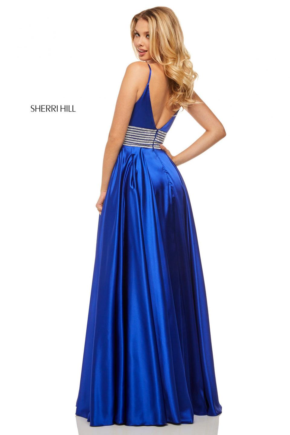 Sherri Hill Satin Gown With Deep-V Neckline And Pleated Bust Bodice With Jewel Encrusted Waistband And Skirt Slit