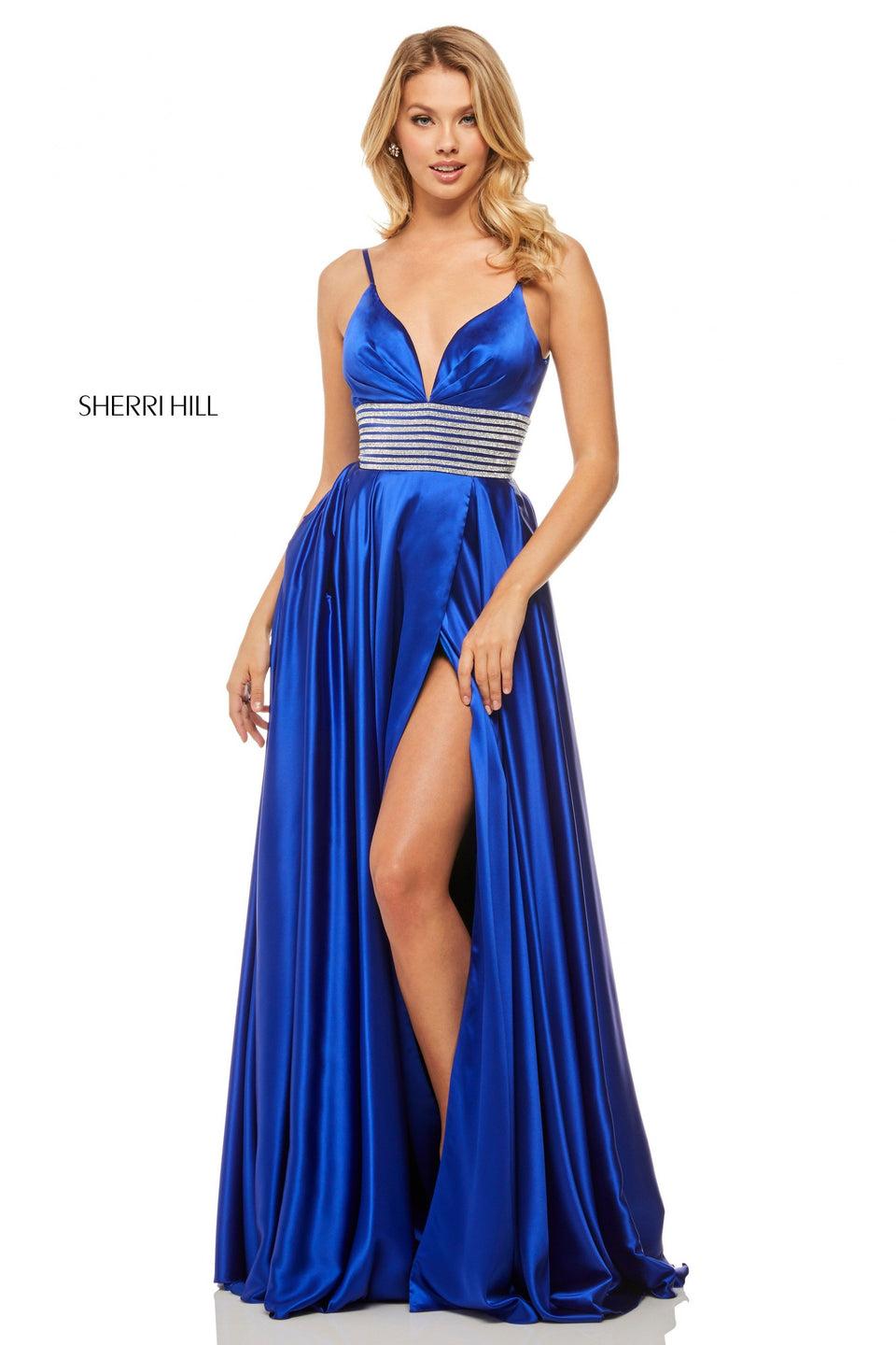 sherri hill Satin gown with deep-V neckline and pleated bust bodice with jewel encrusted waistband and skirt slit
