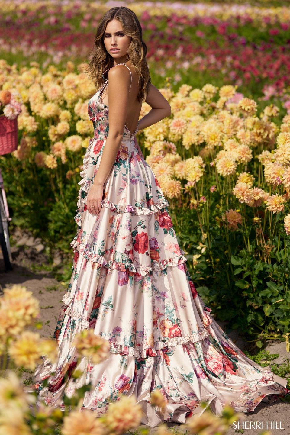 Sherri Hill Satin Gown With Ruffle Embellishments With Skirt Slit