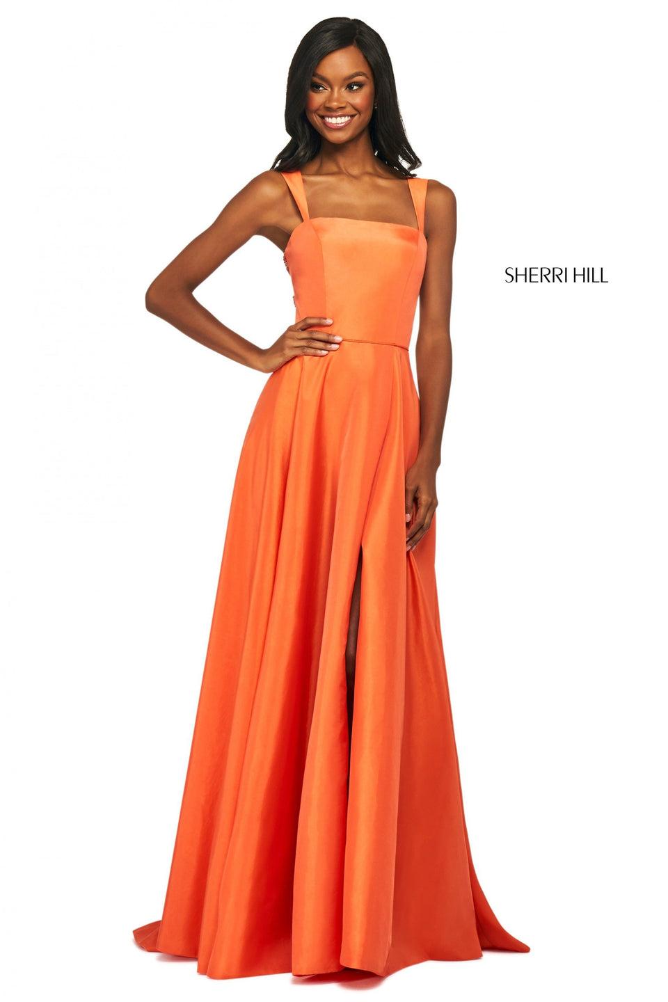 Sherri Hill Satin Gown With Skirt Slit Straight Neckline Thick Straps And Beaded Strappy Back