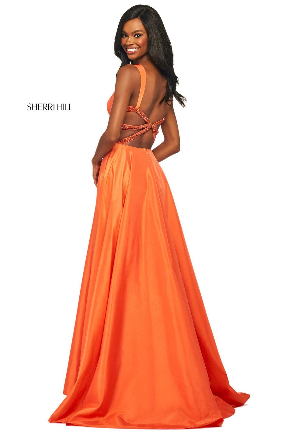 sherri hill Satin gown with skirt slit straight neckline thick straps and beaded strappy back
