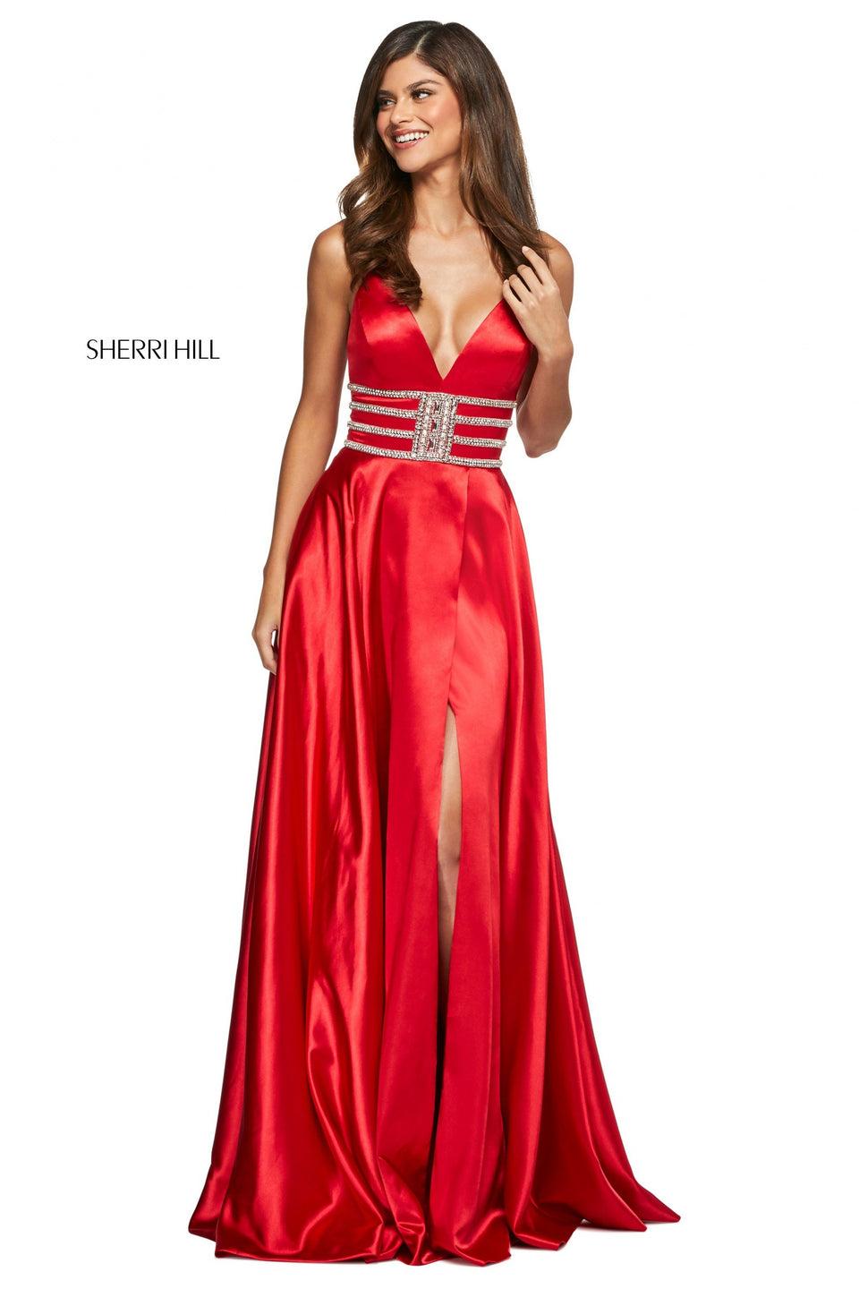 sherri hill Satin gown with skirt slit V neckline and beaded waistband