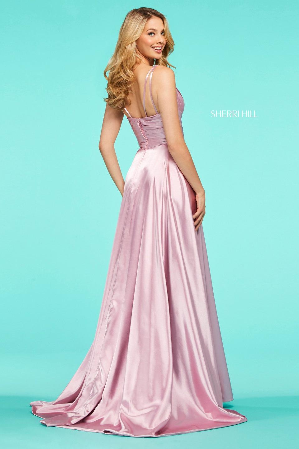 Sherri Hill Satin Gown With V Neckline Ruched Pleated Bodice And Skirt Slit